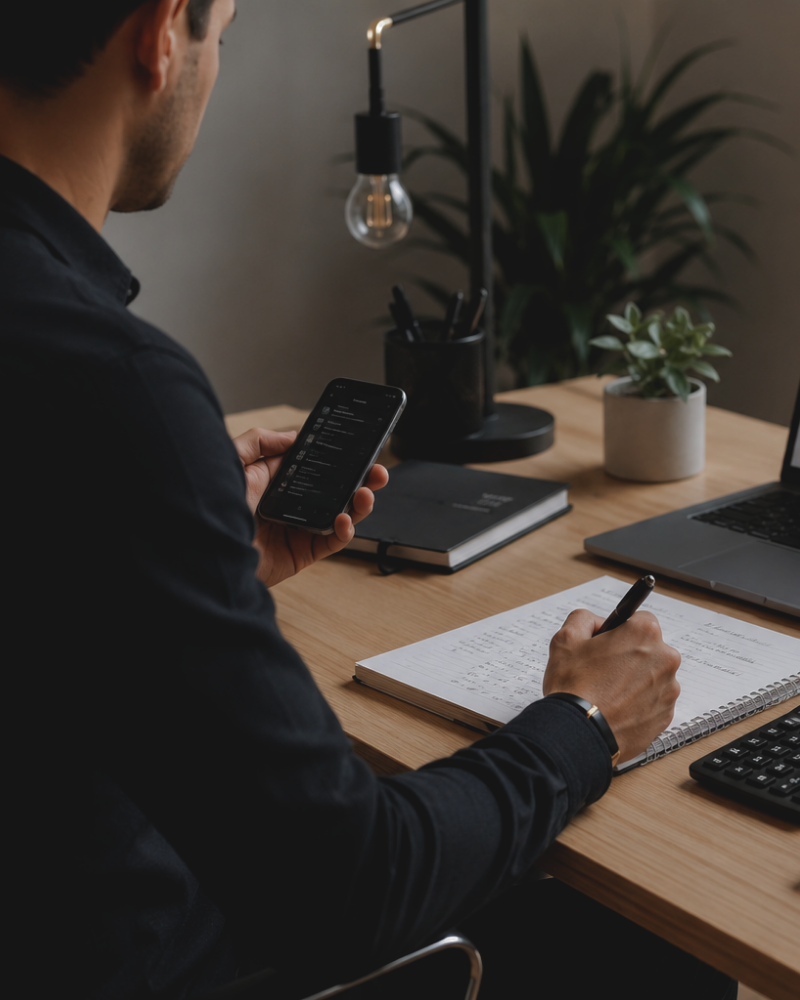 Image d'un comptable sur son téléphone de DAL Services Conseils, service de comptabilité pour travailleurs autonomes et entreprises de construction.